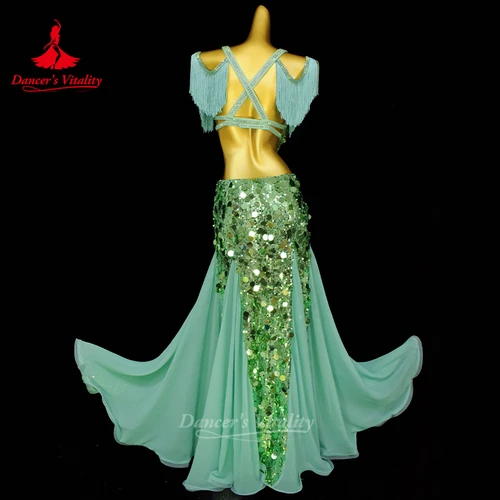 Imagen 2 del producto Traje de actuación de danza del vientre para mujer, sujetador de lentejuelas grandes, Top + falda larga, 2 uds., ropa de competición profesional de danza Oriental
