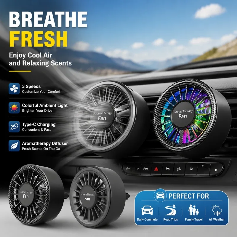 Car Air Outlet Clip Fan with Colorful Ambient Light, 3 Speeds, Type C Charging, Air Freshener Diffuser for Car