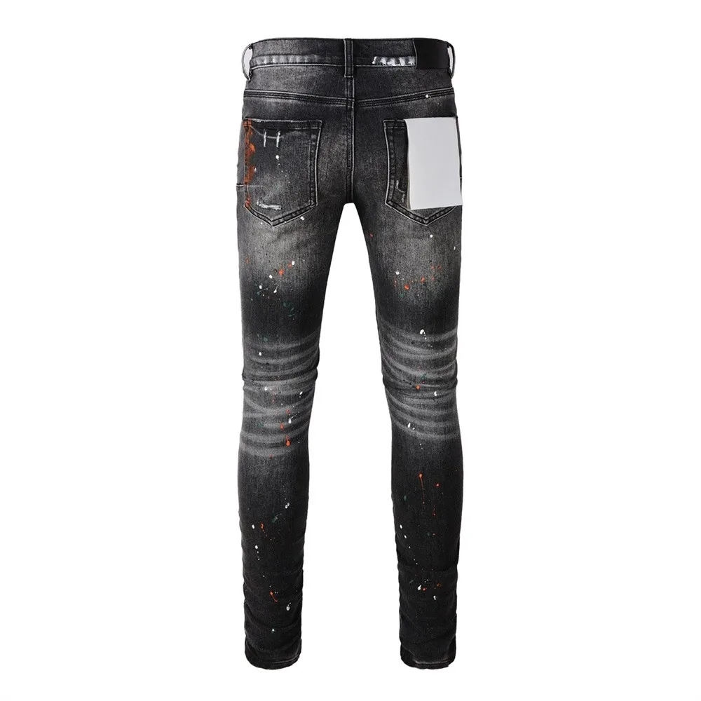 Men's American High Street Fashion Distressed Retro Wash Black Gray Damaged Holes Stretch Skinny Button Fly Ripped Jeans Pants