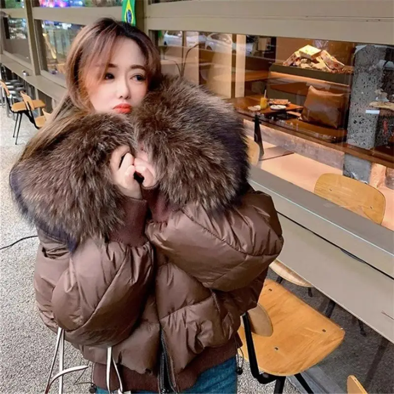 

YYAHAHAS 2025, зимняя новая короткая парка со съемным большим шерстяным воротником, корейская свободная хлопковая куртка, модная женская одежда