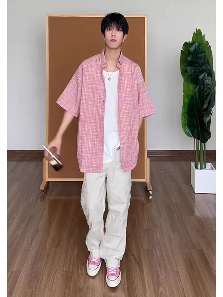 

Pink Bubble Short Sleeve Casual Shirt Summer Breathable Boys Fashion Half Sleeve Button down Polyester Fiber Youth Style