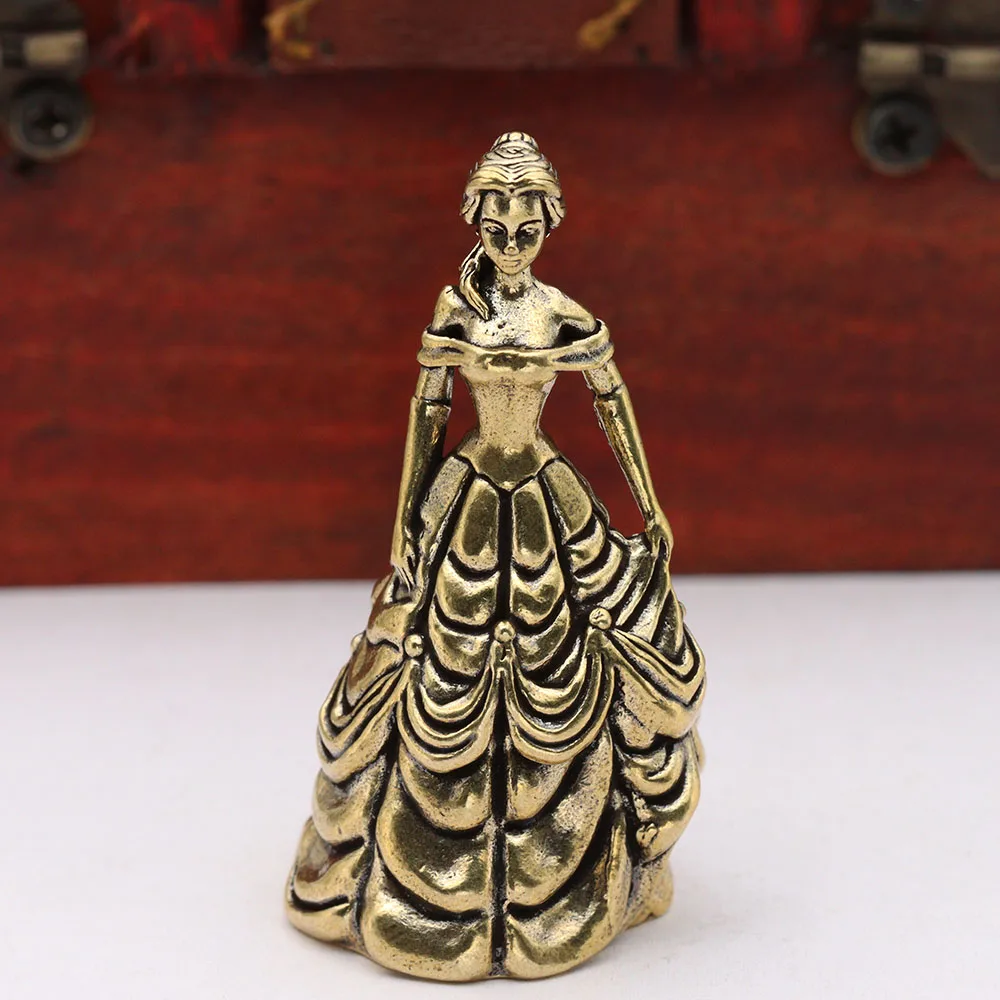 Brass Dress Princess Small Statue Desktop Ornaments Vintage Girl Figurines Model Beauty Home Decorations Crafts Accessories ﻿