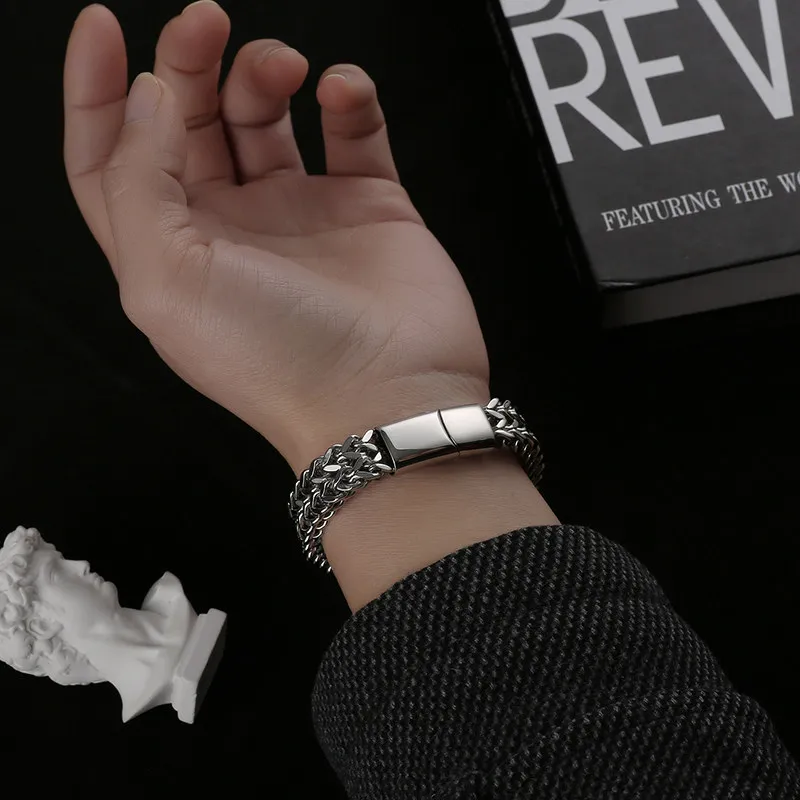 Stainless Steel Front and Back Men's Bracelet Simple Domineering punk High Sense Cuban Bracelet Tide