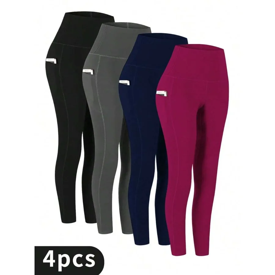 

4pcs Women's High-Waisted Tight Yoga Pants Set With Pockets Compression Leggings For Sports Fitness Running