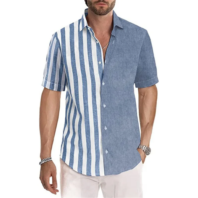 2024Summer Shirt Amazon New Men's Short Sleeve Half Stripe Print Turn-down Collar Shirt Source