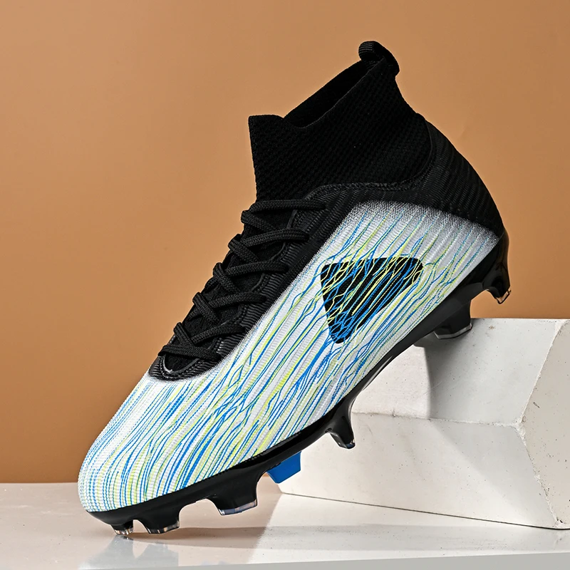 A pair of youth high-top FG soccer cleats, iridescent striped knit upper, stable long studs for natural grass match HX-805L-1