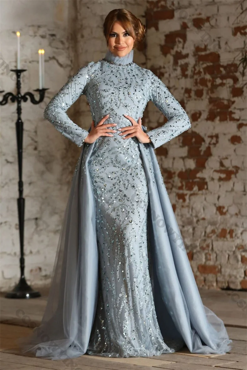 

Luxury Appliques Beaded Muslim Evening Dresses Tulle Long Sleeve Hijab Islamic Formal Party Gowns Arabic Kaftan Robes De Soirée