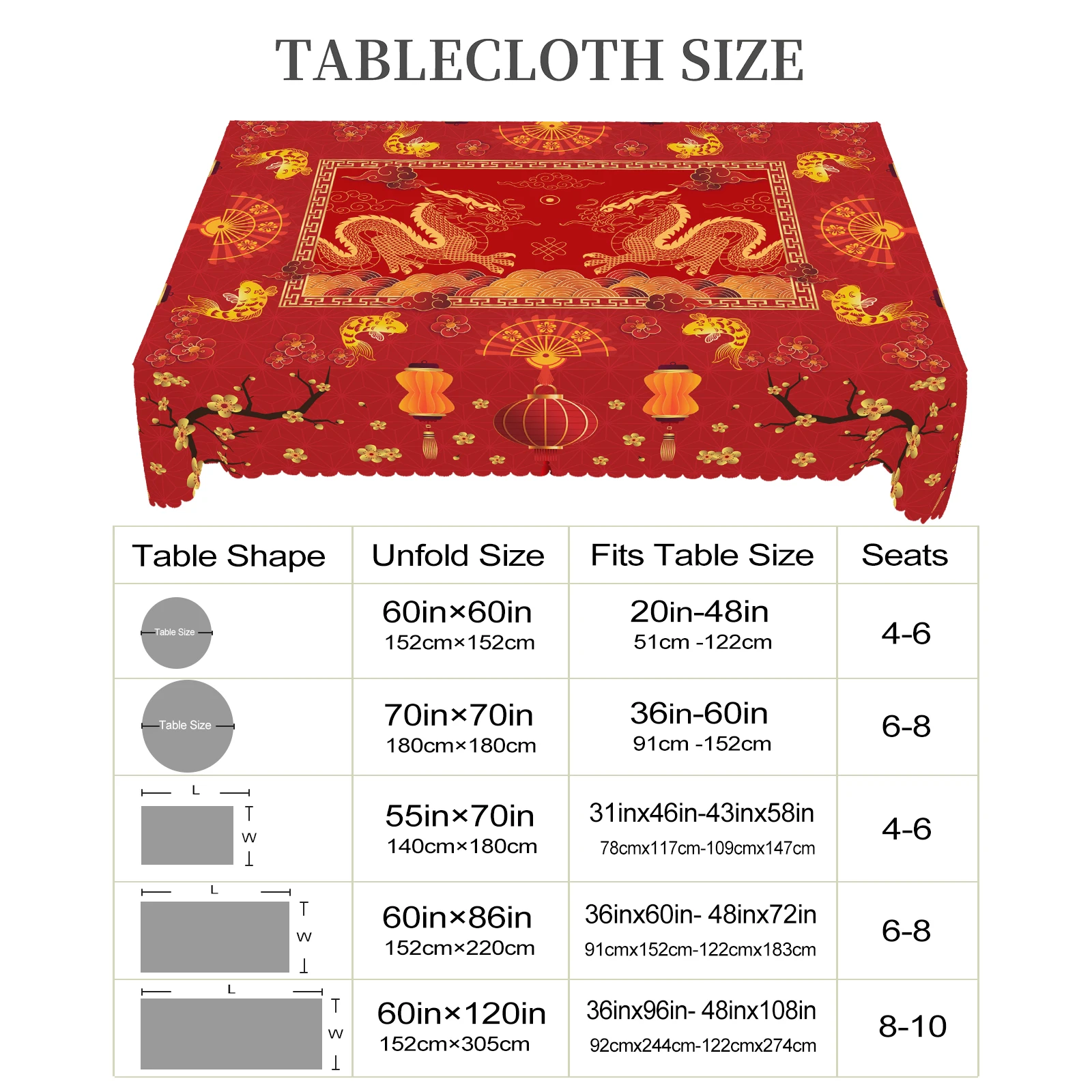 1 Piece of Spring Festival Tablecloth, Available in 5 Sizes, Dragon Totem, Plum Blossom, and Koi Fish Pattern Printed Tablecloth, Embossed Edge