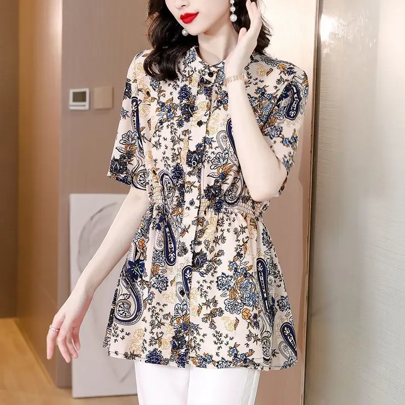 Fashion Commute Paisley Printed Midi Blouse Casual Single-breasted Stand Collar 2023 Summer Short Sleeve Korean Shirring Shirt