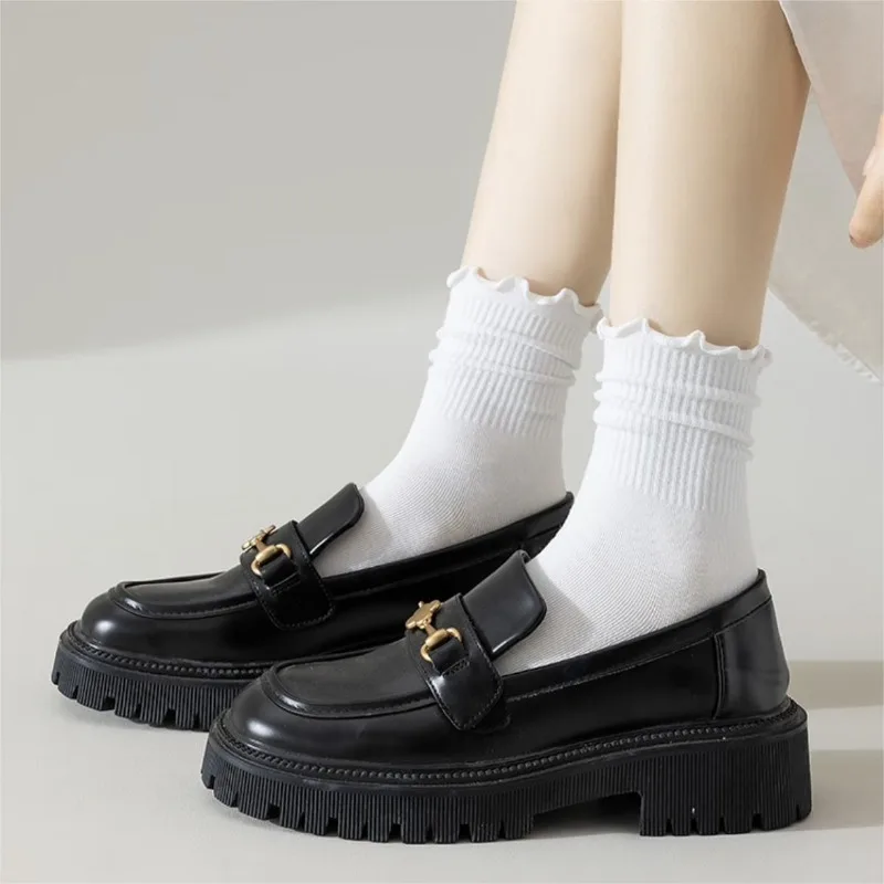 Lovely Wooden Ear Edge Pile Middle Tube Socks Women INS Style Kawaii Light Luxury Solid Color Ruffles Harajuku Cute Socks