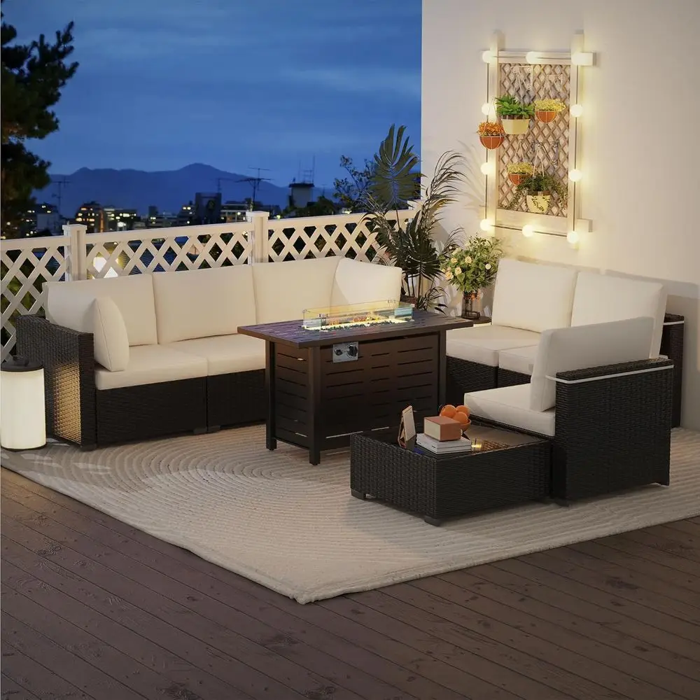 

8-Piece Outdoor Furniture Set with 43in Gas Fire Pit and Coffee Table, PE Rattan Patio Conversation Sofa Set, Black/White Patio