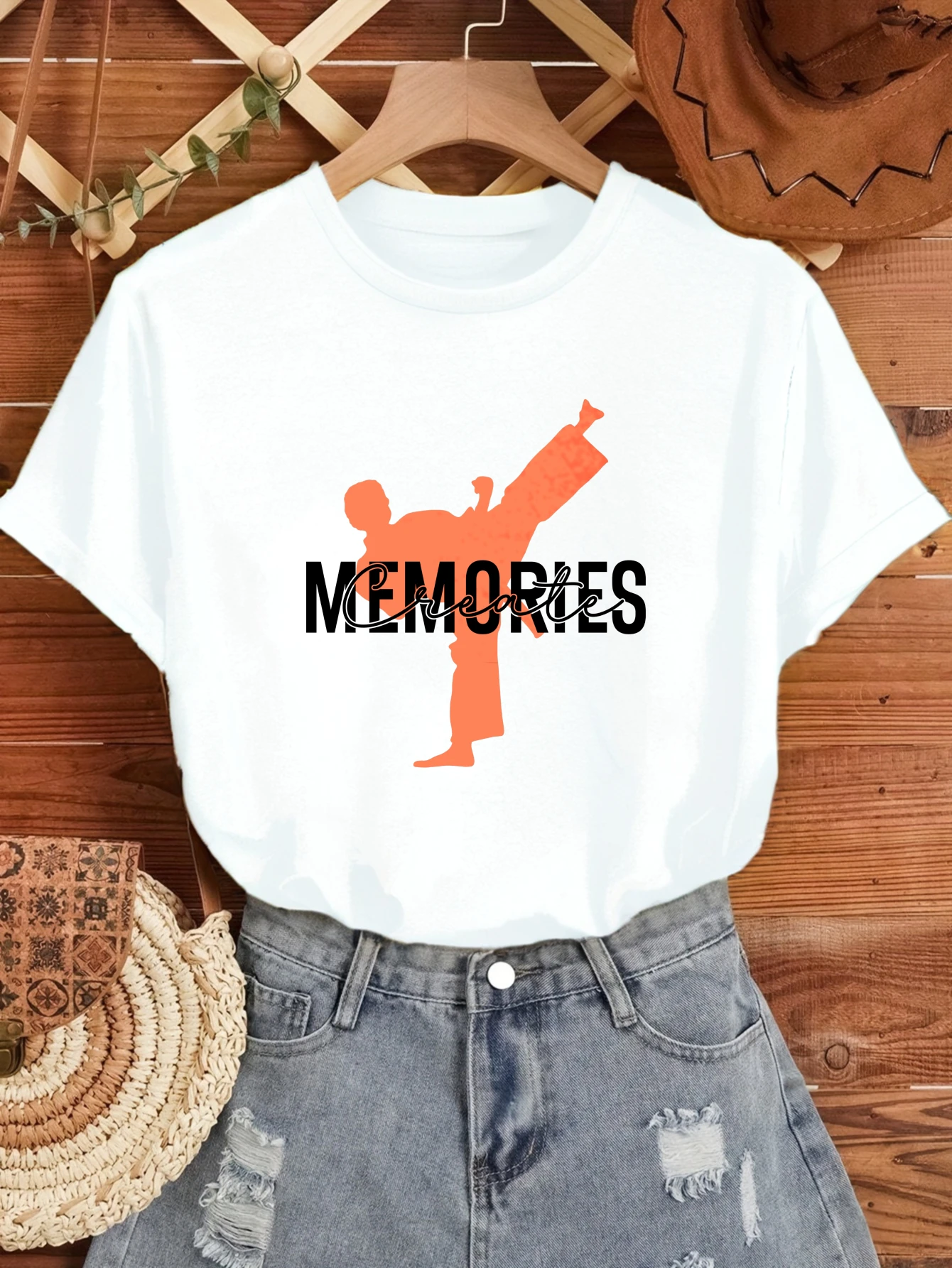 

Женские футболки, женская футболка в китайском стиле, повседневная короткая футболка из 100% хлопка с принтом оранжевого каратэ, фигурка воспоминаний