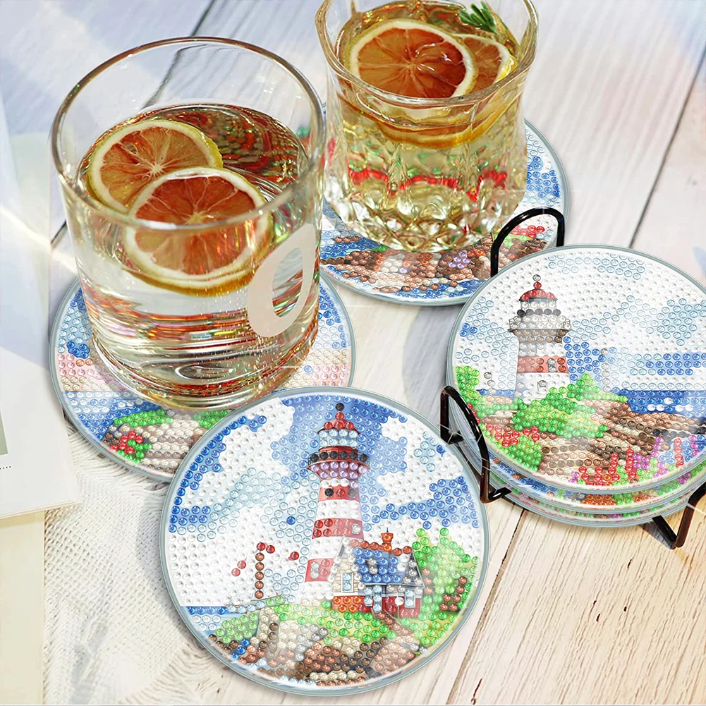 

6PCS Full Drill Diamond Coaster Beacon Acrylic Diamond Painting Crafts Coaster Washable for Adults Kids Beginner Gift Supplies