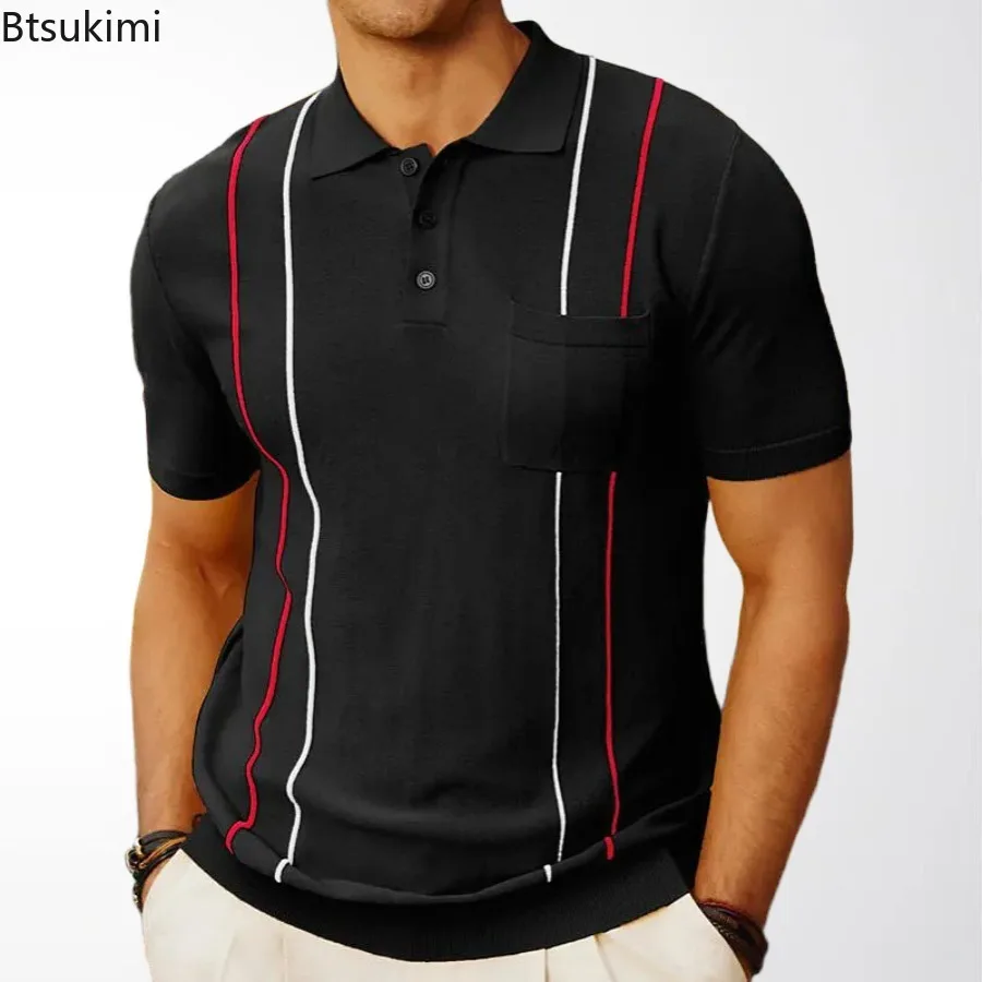 New Men's Casual Knitted Patchwork Short Sleeve Polo Shirt Comfy Breathable Lapel Tops Fashion Versatile T-shirt Summer Clothing