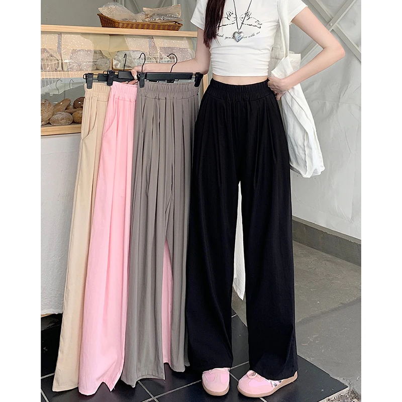 Women Korean Loose Grunge Wide Leg Trousers Lady Fashion High Waisted Elastic Pants Female Casual Black Gray Apricot Pink Slacks