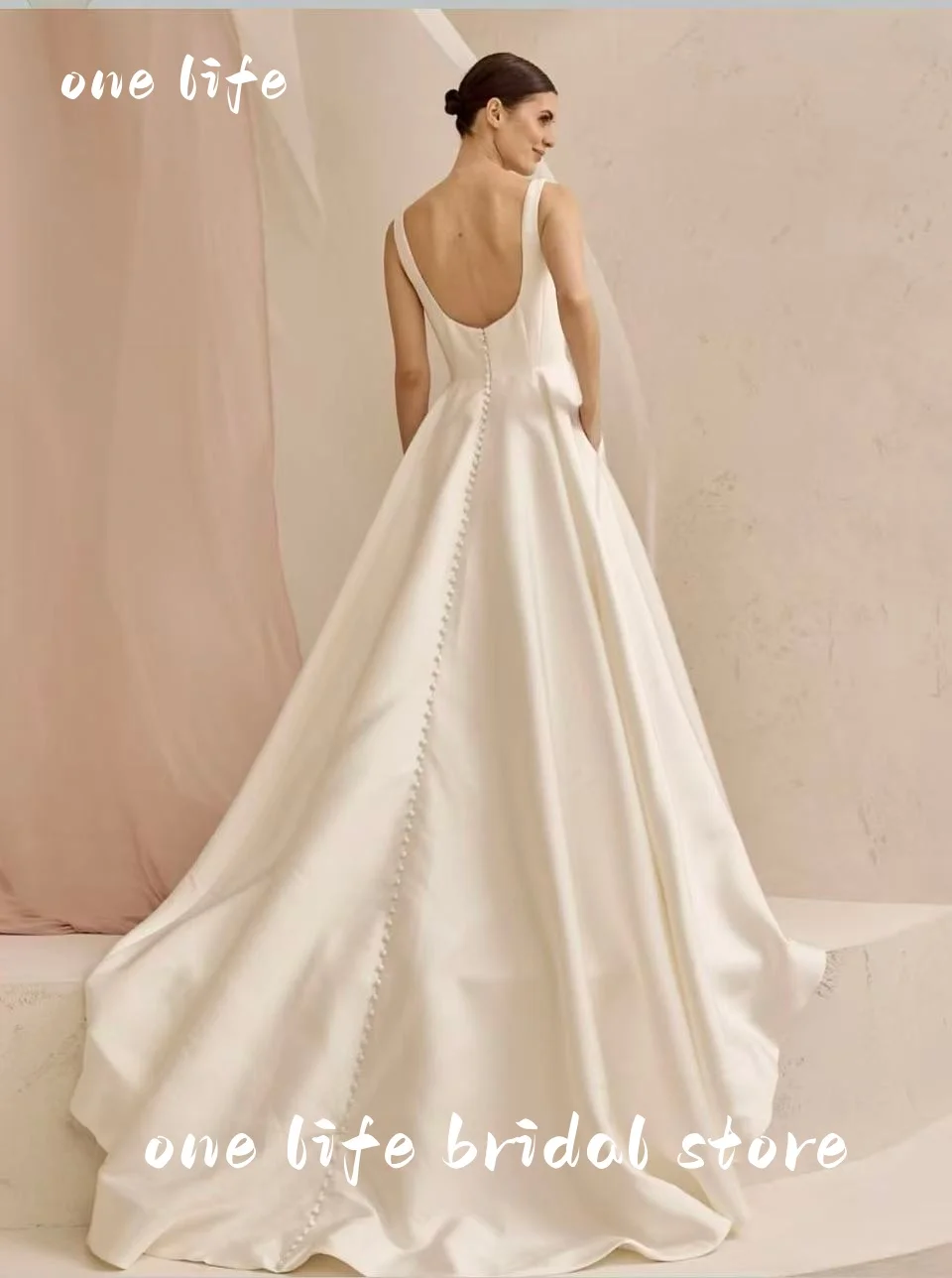 فساتين زفاف OL أنيقة من الساتان مع زر فستان العروس برقبة مربعة بدون أكمام لحفلات الزفاف فستان زفاف مخصص