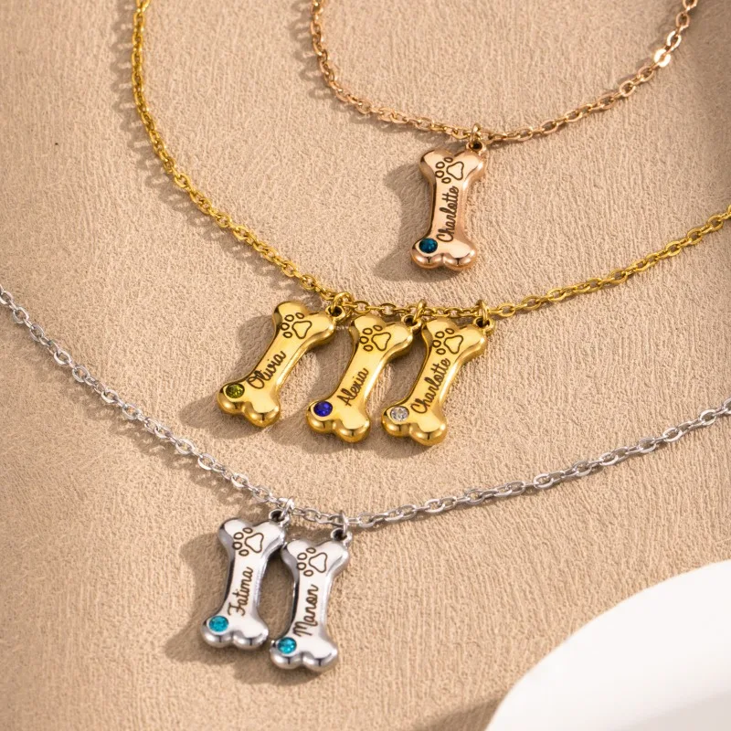 

Ожерелье из кости собаки с гравировкой и камнем по индивидуальному заказу, семейный мульти-именный кулон в виде собачьей лапы, ювелирные изделия, Рождественский подарок