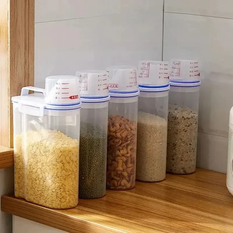 

1pc Rice And Grains Food Storage Canister With Measuring Cup, Kitchen Moisture-proof And Insect-proof Dust-proof