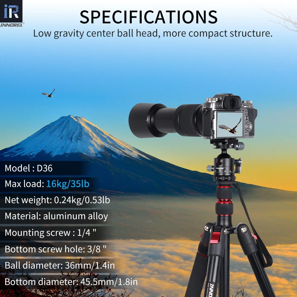 INNOREL D36 Low Profile Ball Head 360° Panoramic Camera Tripod Head Dia 36mm for Monopod,DSLR Cameras,Camcorder Load 16kg