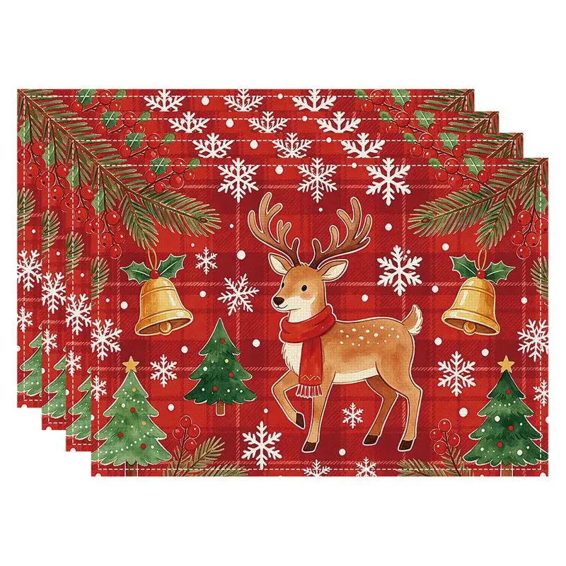 VIKAMA Red Grid Christmas Deer Meal Mat Waterproof and Insulated Table Mat Holiday Party Home Restaurant Table Decoration Mat