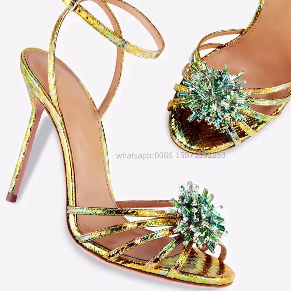 

Rhinestone Flower Hollow Out Sandals Sexy Party Runway Shoes Summer Peep Toe Stiletto Buckle Strap Large Size Women High Heels