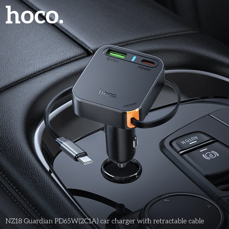 

HOCO NZ18 PD65W(2C1A) Car Charger with Retractable Cable USB C Fast Charger in Car for Iphone 15 16 17 Samsung Xiaomi Type-C