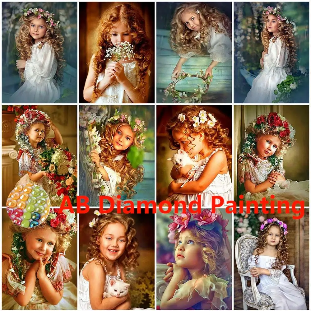 

AB Full Square Diamond Painting Girl Flower Mosaic Needlework DIY Diamond Embroidery Portrait Cross Stitch Handmade Hobby