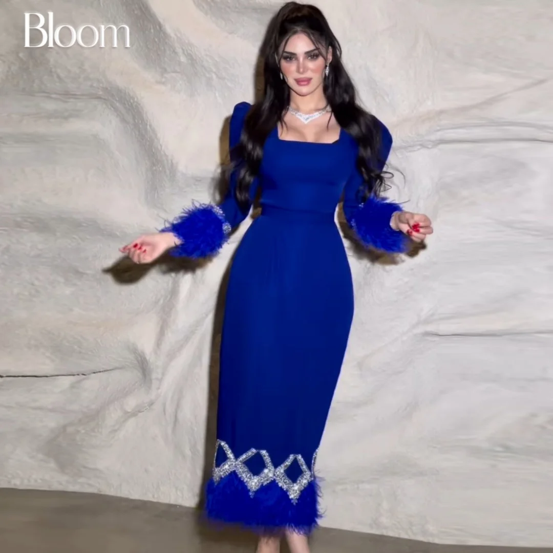 

Bloom Customized Blue Long Sleeves Prom Dresses With Feathers Square Neckline Elegant Women Evening Dresses Formal Party Gown