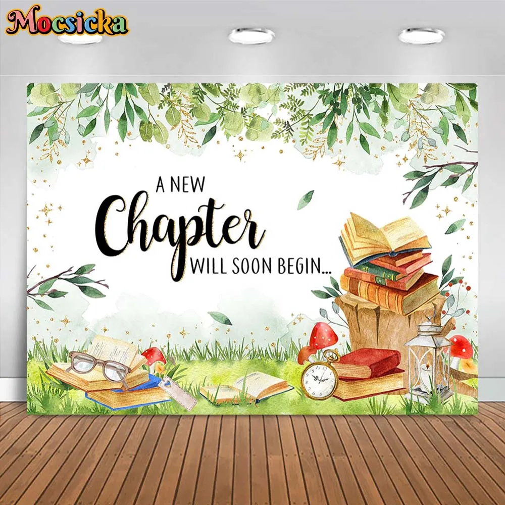 

Mocsicka Back to School Theme Backdrop Green Leaves Books Primary Student A New Chapter Will Soon Begin Party Decor Background