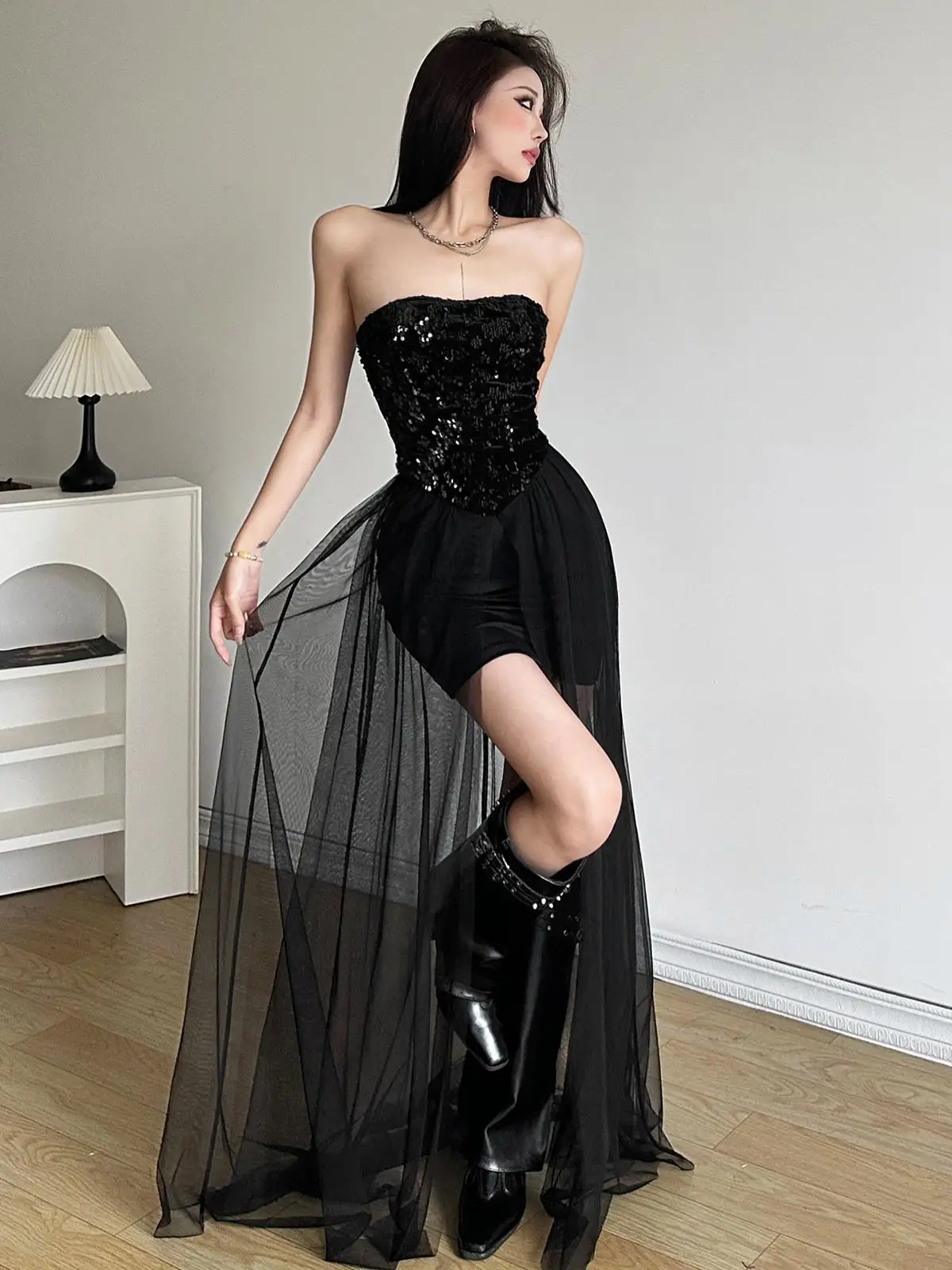 Vestido Midi E Sem Alças com Brilho para loween, Design F com Malha e Cobertura para o Bumbum, Estilo de Rua...