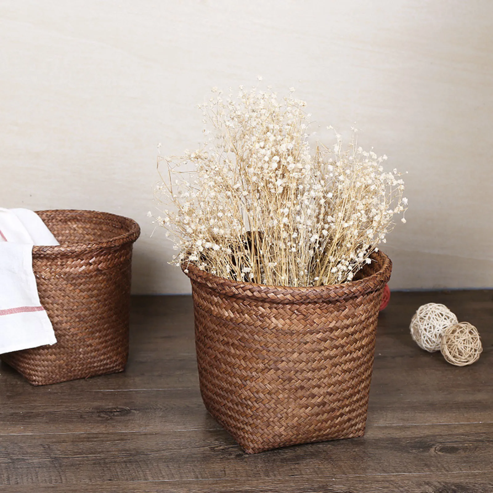 Woven Rattan Bedroom Bathroom Basket Trash Can Laundry Sundries Wastebasket Planter Seagrass Straw Home Kitchen Organizer