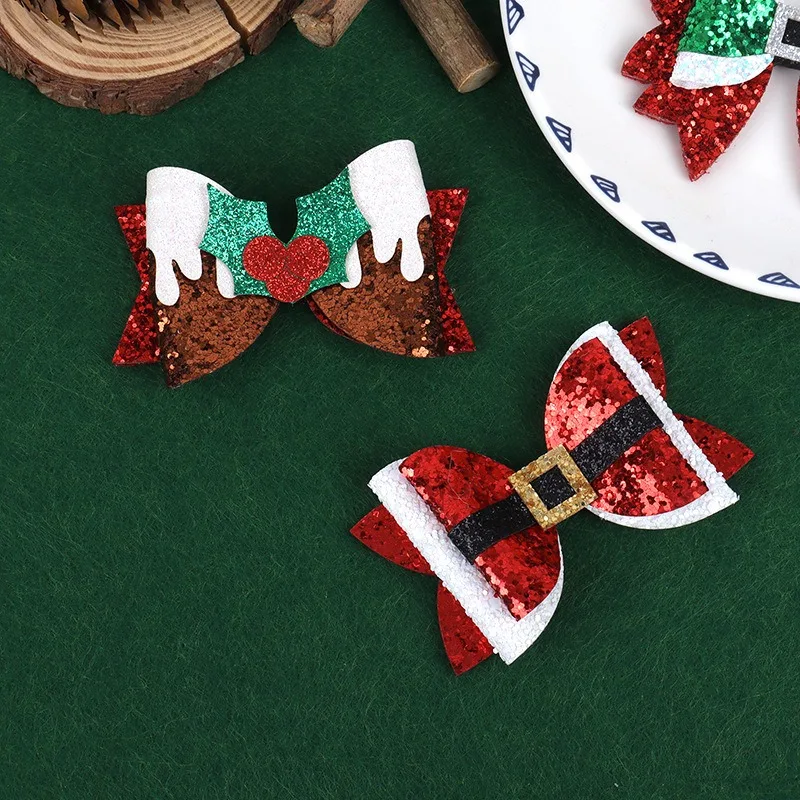 

4pcs/ Santa Glitter Hair Bows - Chunky Christmas Clip for Children Party Sparkly Baby Hair Accessories
