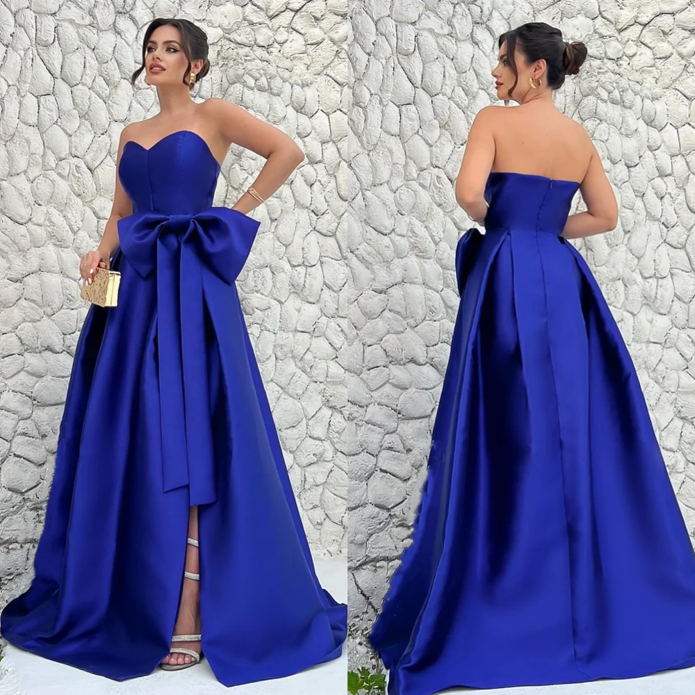 

Customized High Quality Sizes Available Pleat Draped Bow A-line Strapless Long Dresses Bespoke Occasion Dresses Matching Simple