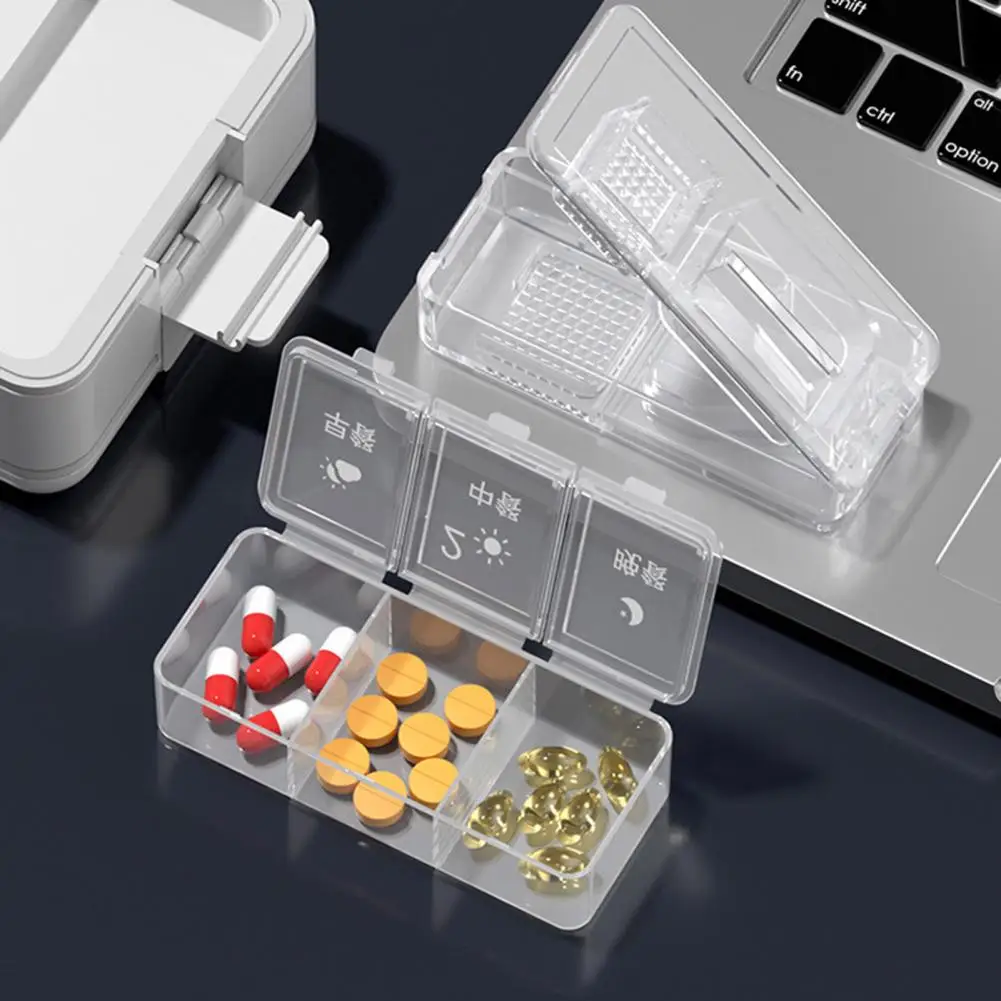 Pill Box with Pill Splitter Portable Pill Cutter Double-layered Box with Cutter Three Compartments for Medicine Grinding