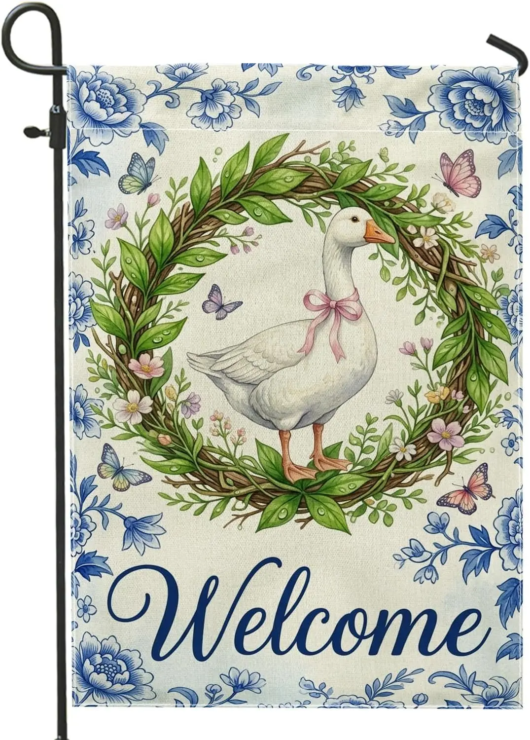 Goose Garden Flag, Farmhouse Rustic Wreath Flowers Spring Green Burlap Double Sided Decorative Outside Flags for Outdoor Fro AAM
