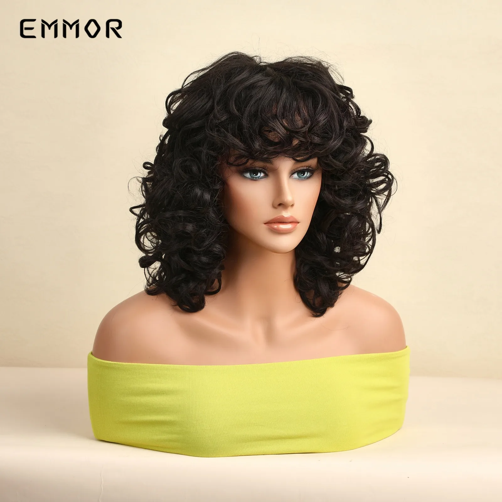 Emmor Synthetic Fluffy Black Wig for Women Natural Long Wavy  with Bangs Fashion Heat Resistant Fiber Daily Cosplay Party  Wig