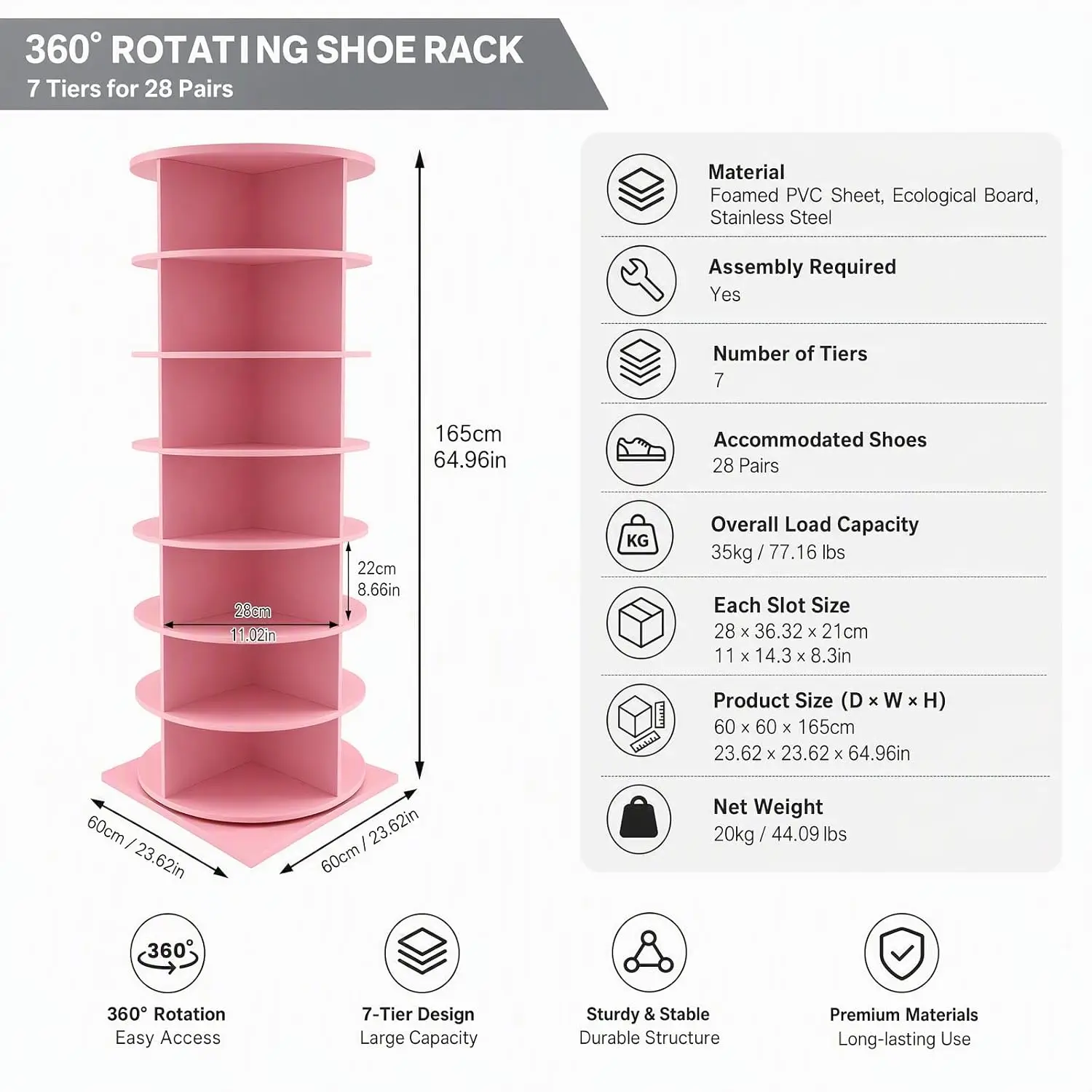 7 Tier Rotating Shoe Rack Tower 360 Spinning Entryway Display 77 Lbs 28 Slot Vertical Storage For Shoes Bags Plants, Customized