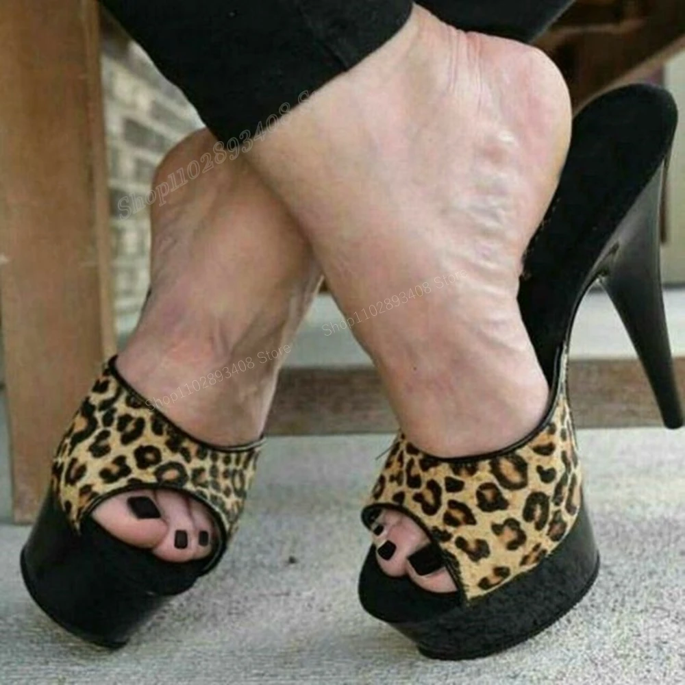 Brown Leopard Platform Peep Toe Slippers Stiletto High Waterproof Heel Slip-on Fashion Sexy Women Shoes 2024 Zapatos Para Mujere