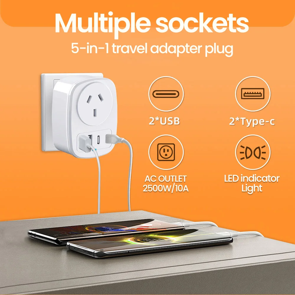 AU Plug Wall Socket Extender to EU US UK with 2 USB and 2 Type C PD 20W Multi Socket Fast Charger Adapter for Home Travel