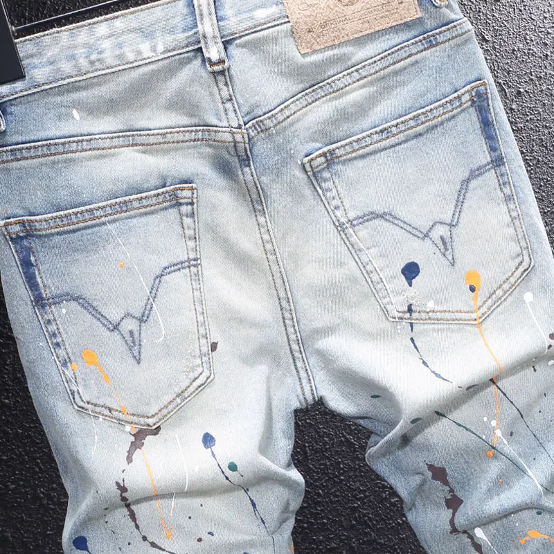 Y2Kfashion new jeans scratch washed nostalgic stretch slim fit pleated painted blue jeans high street embroidered pants ho