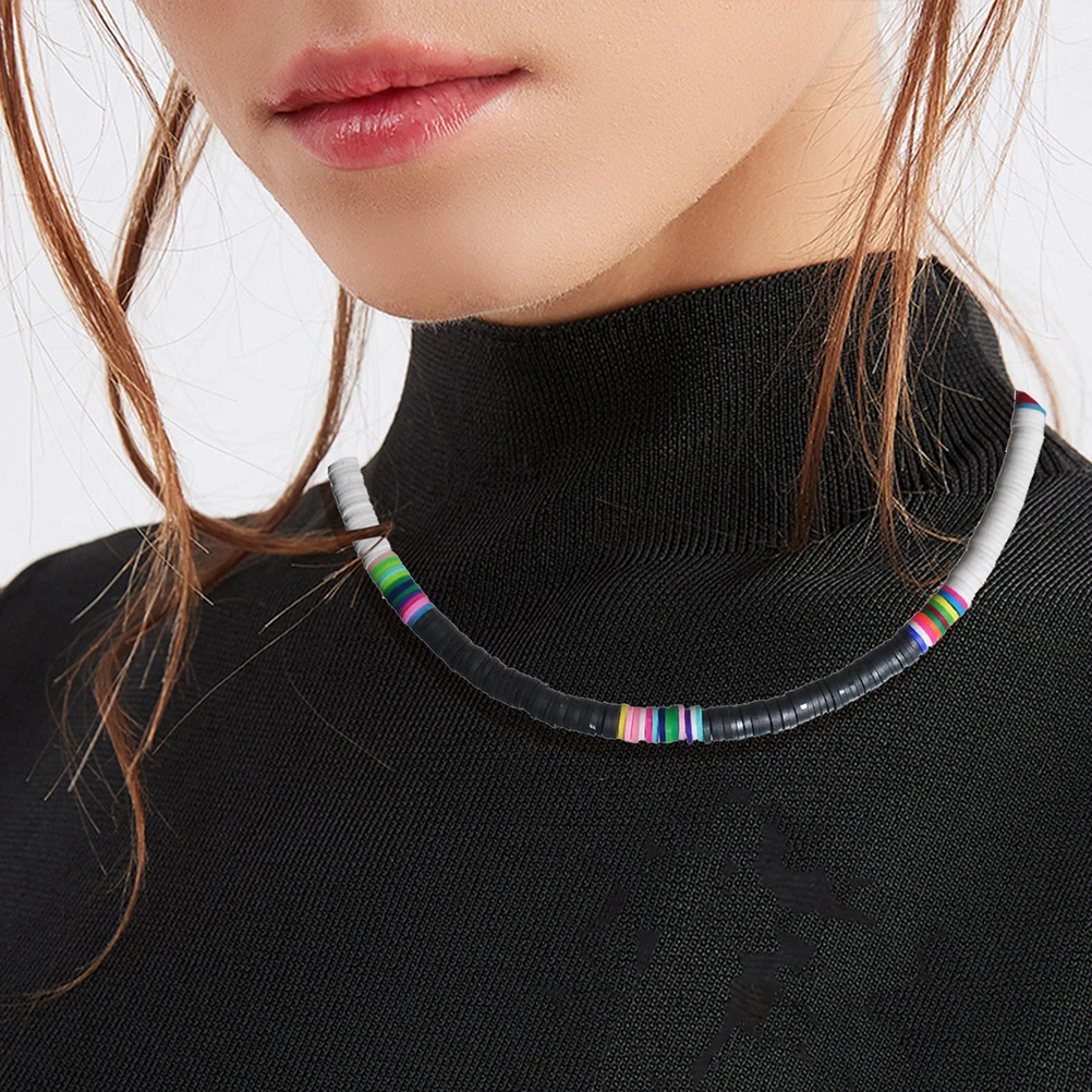 

Beaded Necklace Summer Clay Round Pieces 6mm White and Black Lightweight Durable Boho Kette Damen Necklace Beach