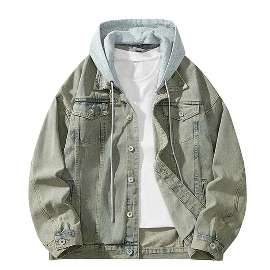 

Autumn Man Denim Coat Vintage Single-breasted Washed Male Outerwear Turn Down Collar Long Sleeve Loose Young Men Hooded Jacket