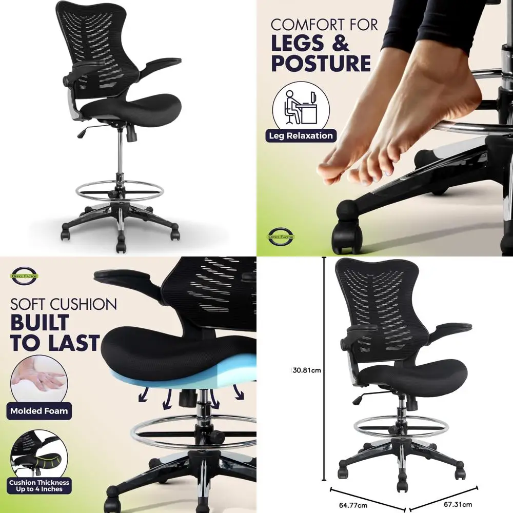 Ergonomic 300-Pound Capacity Drafting Chair with Flip-Up Armrests for Tall Office and Standing Desk Use