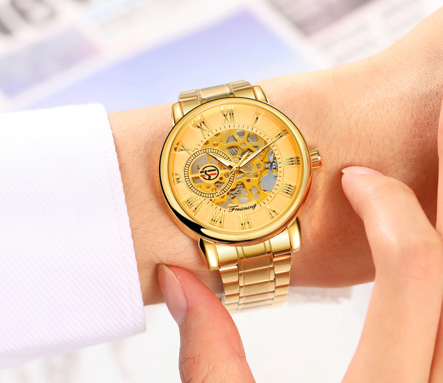 

FORSINING классические золотые полые мужские наручные часы механические часы из нержавеющей стали римские цифры светящиеся указатели часы-скелетон