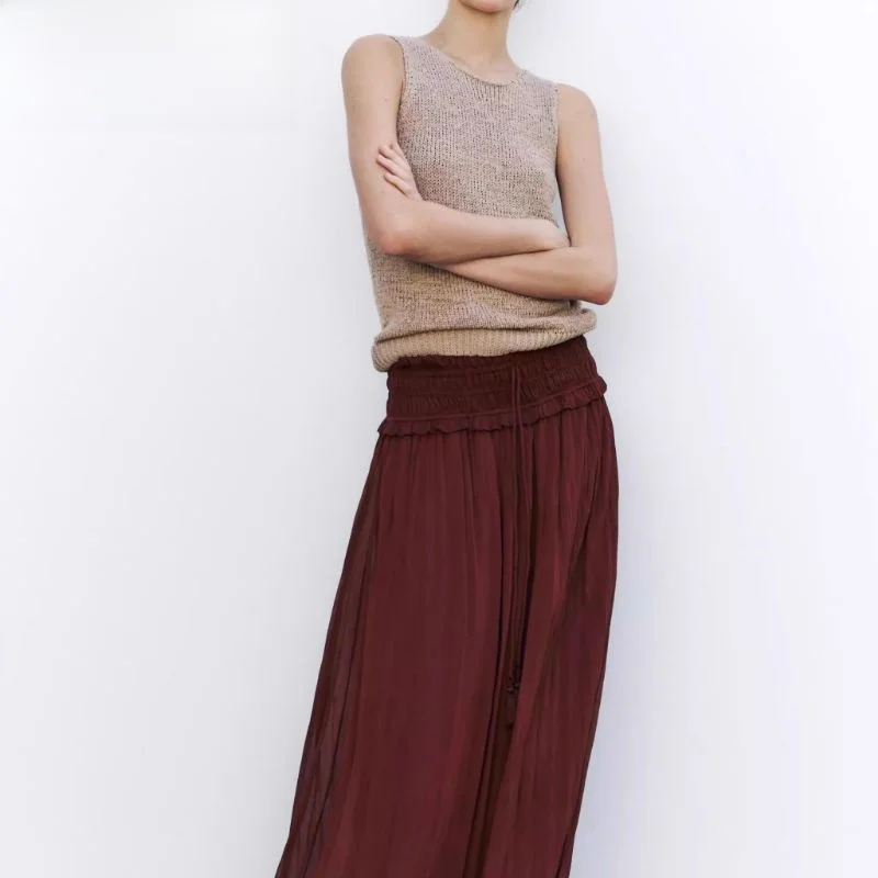 

Ele High Waist Wide Waist Midi Skirt Women's New Arrival Spring Summer 2025 A-Line Loose Fit Long Skirt Pure Color