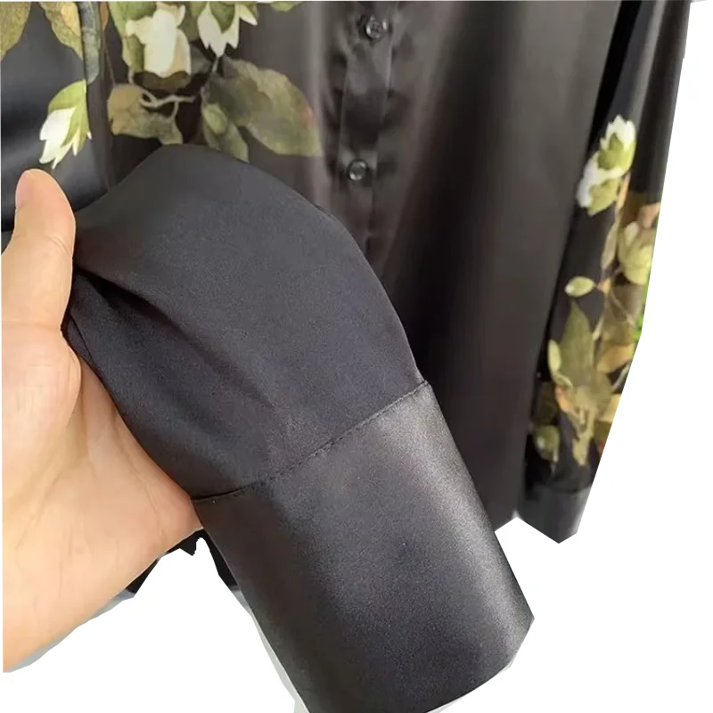 Satin Blouses Summer New 2024 Soft and Flower Print Casual Korea Fashion Comfortable Black Loose Long Sleeve Women Shirts