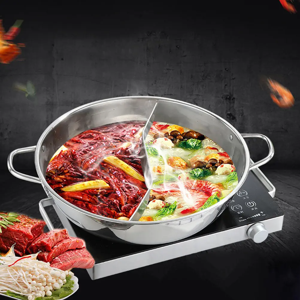 

Stainless Steel Two-Flavor Hot Pot Pan Divider Hot Pot Heat Resistant Handle Suitable for Induction Gas Halogen Electric Stove