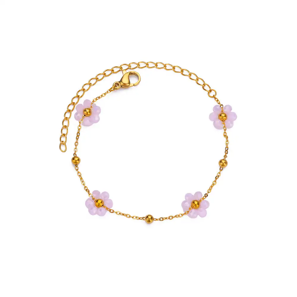 Beads Flower Bracelet for Women Stainless Steel Gold Color Pendant Bracelet Femme Vintage Boho Wrist Jewelry Accesorios pulseras
