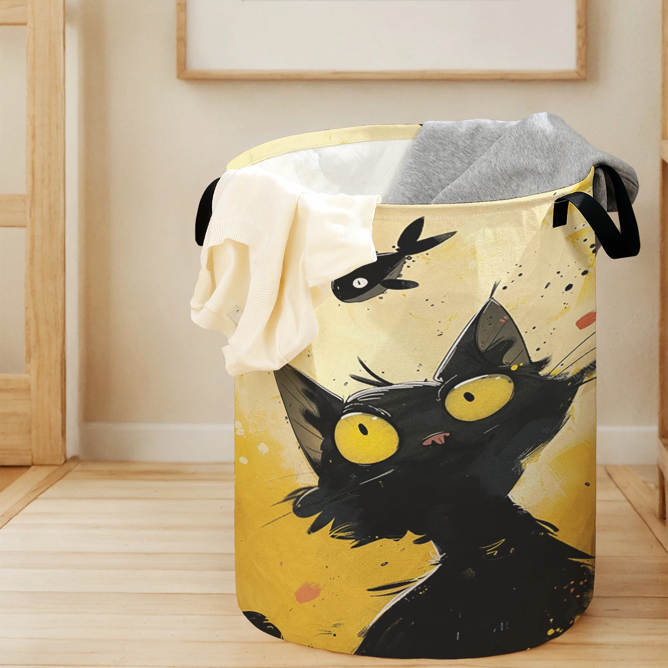 

Милый складной контейнер для хранения с принтом «Большеглазый черный кот и рыба», большой вместимости, для детских игрушек и одежды, для дома и ванной комнаты