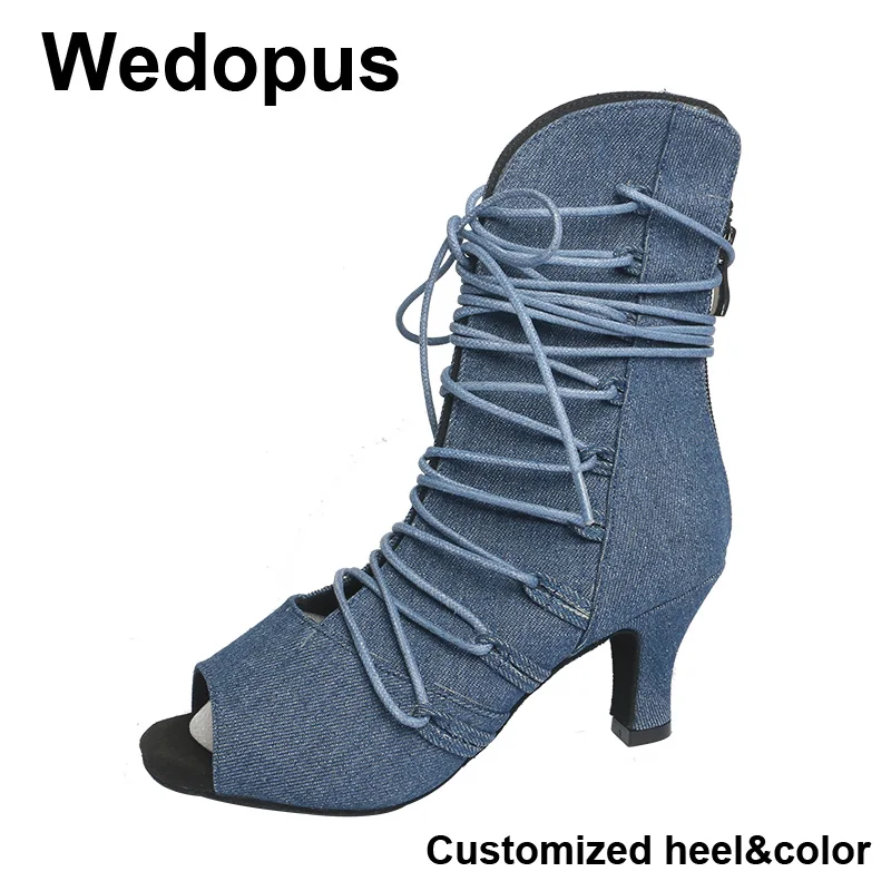 

Wedopus New Dance Shoes Denim Classic Blue Latin Samba Cha Cha Dance Shoes Heel Lace-up Fashion Dance Boots 6CM